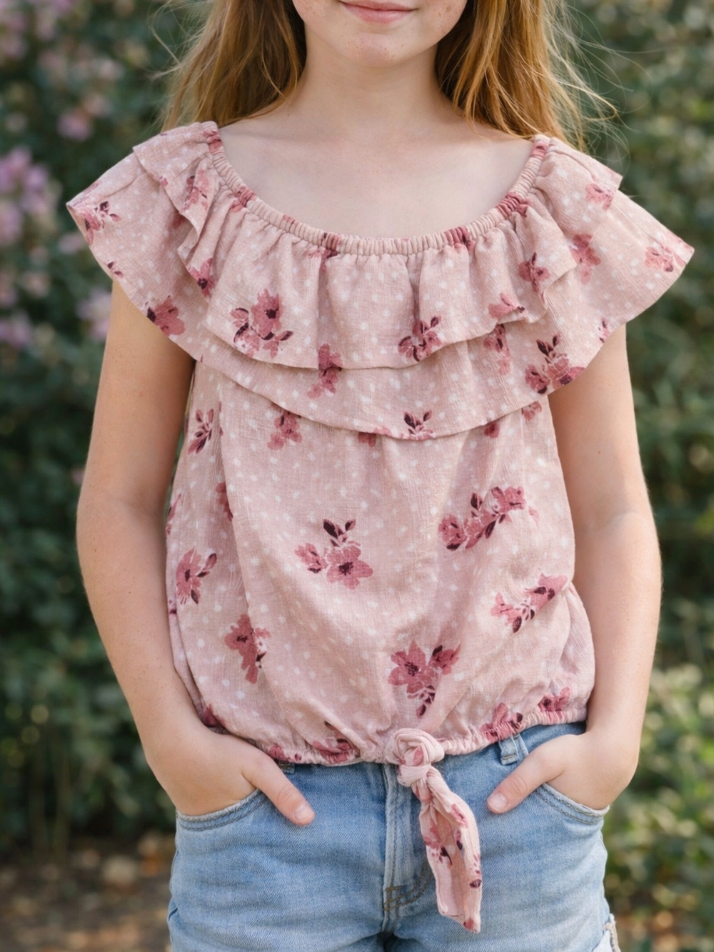 Jolie & Joy Pink Floral Off Shoulder Top Girls M 10/12 Ruffle Boho Tie Hem